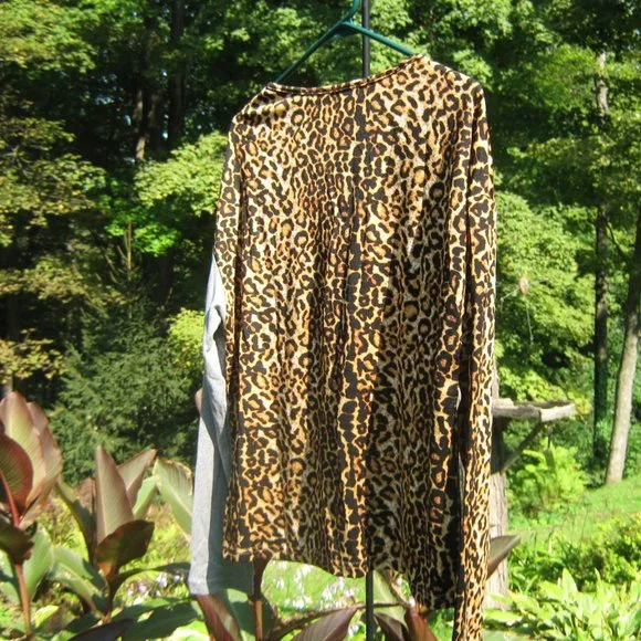 V Neck Contrast Color Block Spliced Long Sleeve Leopard Print Top Size L - Picture 2 of 2
